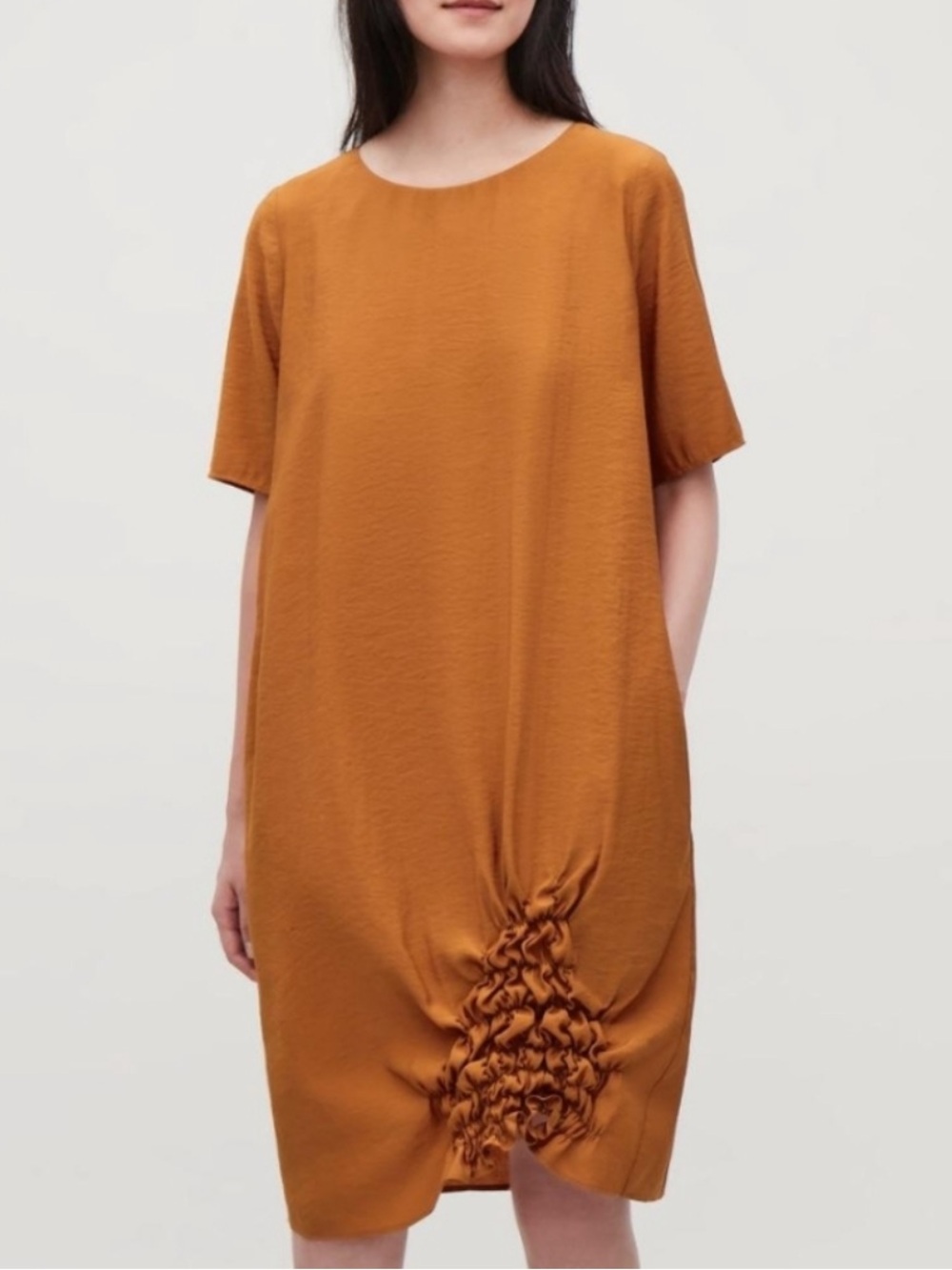 COS Gathered Hem Cocoon Bubble Dress in Ochre